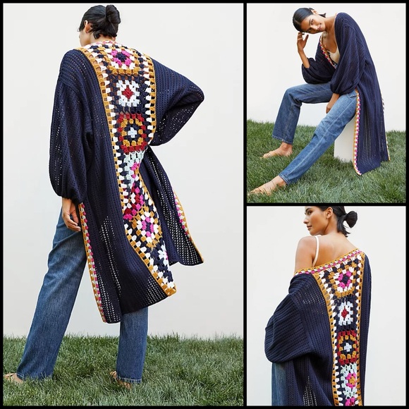Anthropologie Square Crochet-Trimmed Duster Boho Granny Square Open Kimono OS - Picture 1 of 16